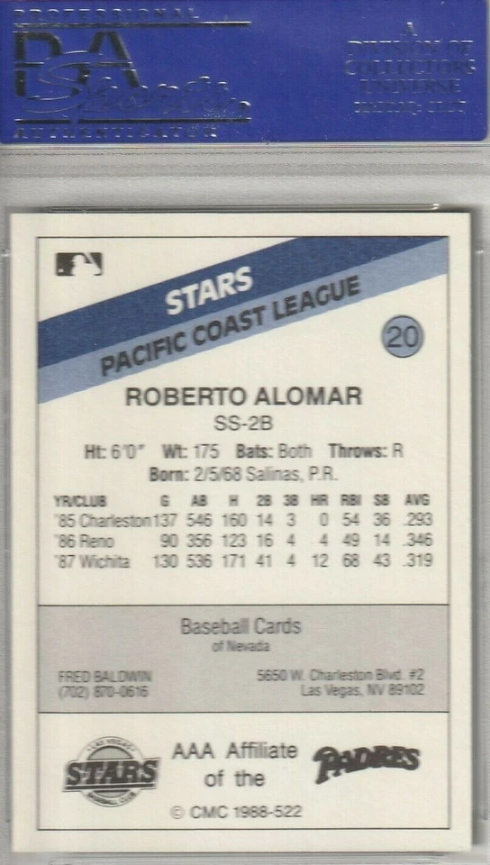 Tarjeta de ligas menores estrellas CMC Las Vegas 1988 de la corte Roberto Alomar #20 PSA casi nueva-como nueva 8 Foto 2 de 2