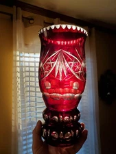 NICE! 10" BOHEMIAN RUBY Red CUT TO CLEAR CRYSTAL VASE w NOTCHED RIM