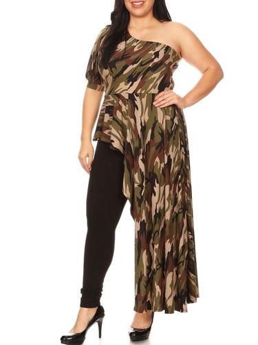 Plus Size Camo Hi Low Peplum Top Blouse 