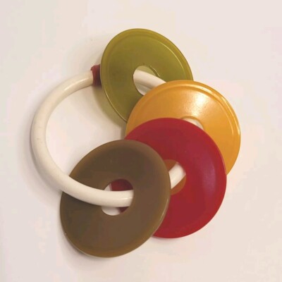 Vtg Bakelite Catalin Discs Baby Teething Ring Toy Rattle Butterscotch Red Green