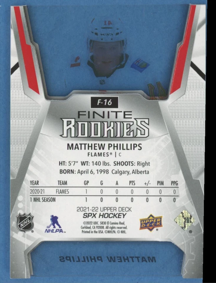 2021-22 SPx Finite Rookies /399 Matthew Phillips Calgary Flames #F-16 - Image 2 of 2