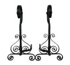 Antique Spanish Wrought Iron Scrolled Spiral Fireplace Andirons Firedogs 26"
