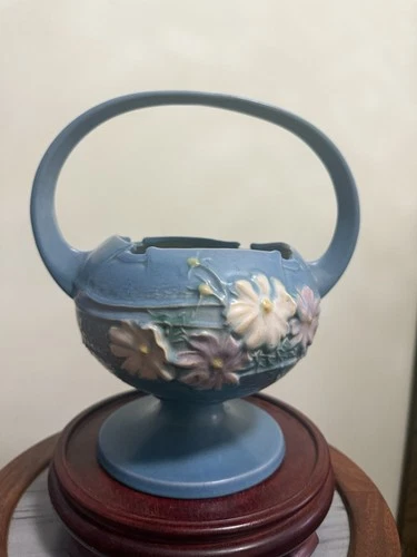 Vintage 1939 Roseville Pottery Cosmos Blue #357-10" Handled Vase