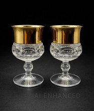 Kings Crown Thumbprint Gold Rim Goblets Indiana Glass - Set of 2