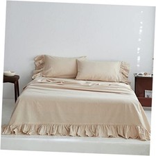 Belgian Linen Sheet Set with Long Ruffles 4pcs 1 Flat Sheet, Queen Long Linen