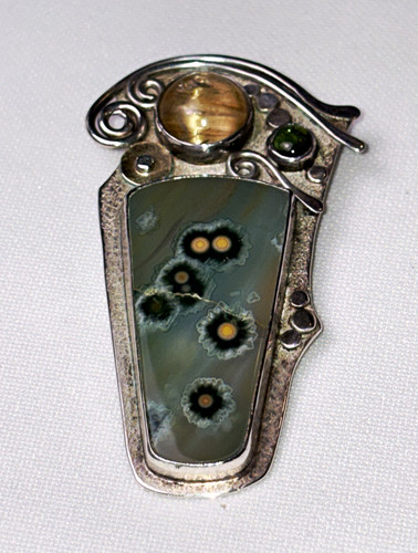 Hand Crafted Pendant-Ocean Jasper, Quartz, Tourmaline, Sterling Silver READ desc