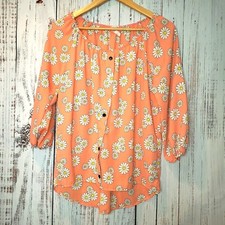 EUC Slavance Boutique Brand Daisy print Coral Peach USA made 3/4 sleeve top Sz M