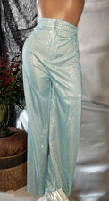 VTG SILKY SHINY GLITTERY SPARKLES BABY BLUE HIGH WAIST TALL PANTS SLACKS NOS S