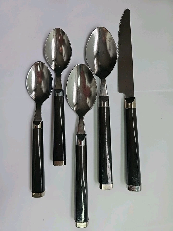 Stainless 5 Piece Cutlery 1 Dinner Knife 2 Soup Spoon 2 Teaspoon Black Handle - Image 2 of 4