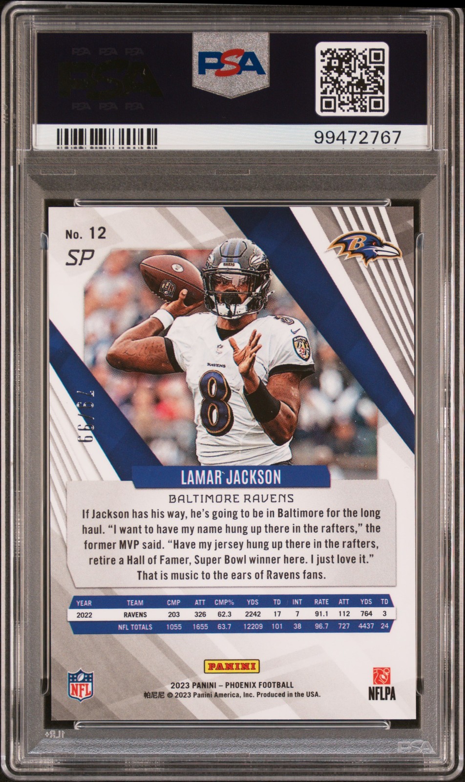 2023 Panini Phoenix #12 Lamar Jackson Sp-Purple PSA 10 view 2