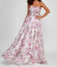 City Studios Women's Juniors' Ivory Pleated Strapless Floral Gown Size 5/6