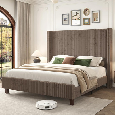 HOWE King Size Bed Frame with 61.4'' Extra Tall Headboard, Corduroy Upholstered B