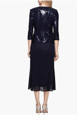 alex evenings sequined a-line midi dress and jacket Alex Evenings Glitter Jacquard Knit Jacket Dress with Mandarin Neckline Navy / 14