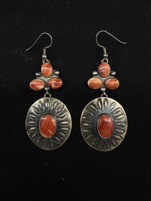 Vintage Roy Taya Sterling Silver Navajo Spiny Oyster Dangle Earrings Signed