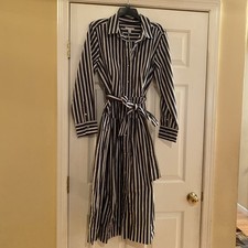 Free Assembly Women’s Shirt Dress Sz L Navy Stripped Cotton Maxi Long Sleeve