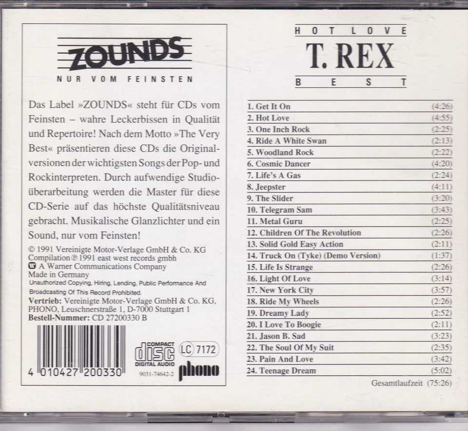 ZOUNDS - T. REX - Hot Love - Best - rare audiophile CD 1991 - Bild 2 von 2