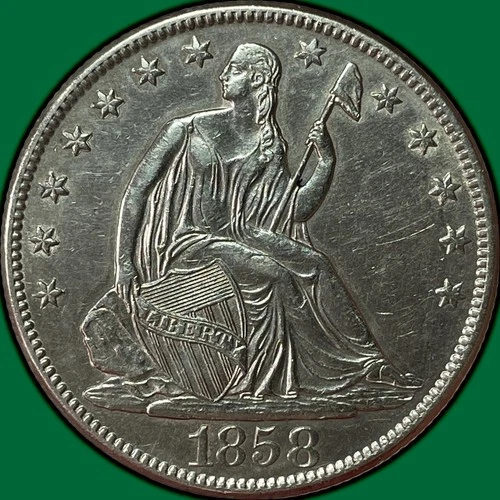 1858-O Seated Liberty Half Dollar Almost Uncirculated AU+, Old Cleaning #36667