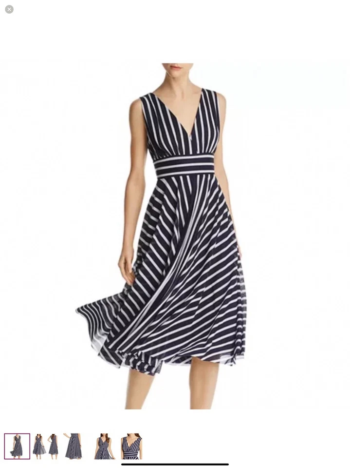 Vestido Fuzzi M listrado médio Hollywood gola V MIDI azul marinho branco designer italiano - Imagem 2 de 4