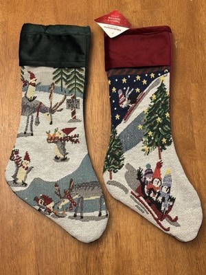 Tapestry Christmas Stocking Set Of Two Penguin Reindeer Sledding Winter Snow 19 