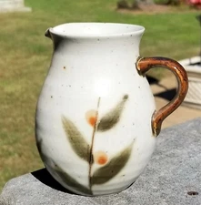Vintage POTTERY PITCHER Speckled Berry Stem Sprig Brown JAPAN 4.75" Home Decor