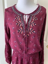 XHILARATION LOVELY FLORAL EMBROIDERED SMOCKED WAIST RAYON LONG SLV DRESS -SIZE M