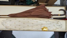 Vintage 1979 Gucci 18K Gold Handle Brown Folding Umbrella - With Original Box