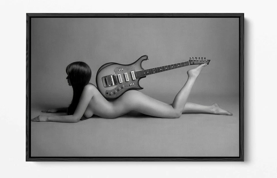 NUDE WOMAN GUITAR -DEEP FRAMED CANVAS WALL ART PICTURE PAPER PRINT-BLACK & WHITE - Image 4 of 4