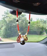 Maneki Neko Rearview Mirror Hanger, Cat Car Accessory, Feng Shui Protection Luck