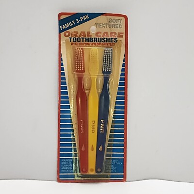 Vtg 1990s PMR Toothbrush Pkg of 3 Unopened Kmart Retired Red Blue Yellow