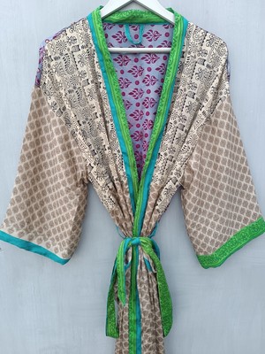 Hand Made Print Bathing Robe Christmas Day Gift Indian Sari Silk Kimono, B-1731