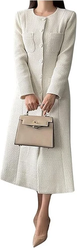 Women Tweed Dress Long Sleeve Single Breast Elegant Long Tweed Lady Blazer Dress - Picture 11 of 28