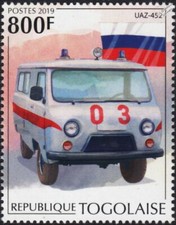 UAZ-452 Russian Ambulance Van Vehicle & Flag Stamp (2019 Togo)