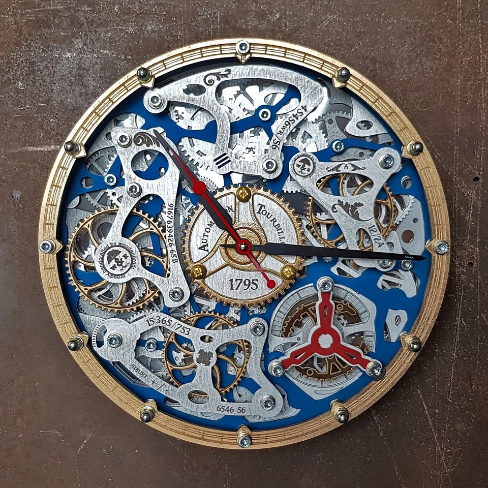 Reloj de pared Automaton Tourbillon azul engranajes móviles diseño de mecanismo de reloj cinético Foto 2 de 4