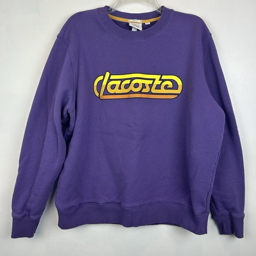 Lacoste Live Sweatshirt Mens XXL Crew Neck Purple Yellow Retro Signature Read