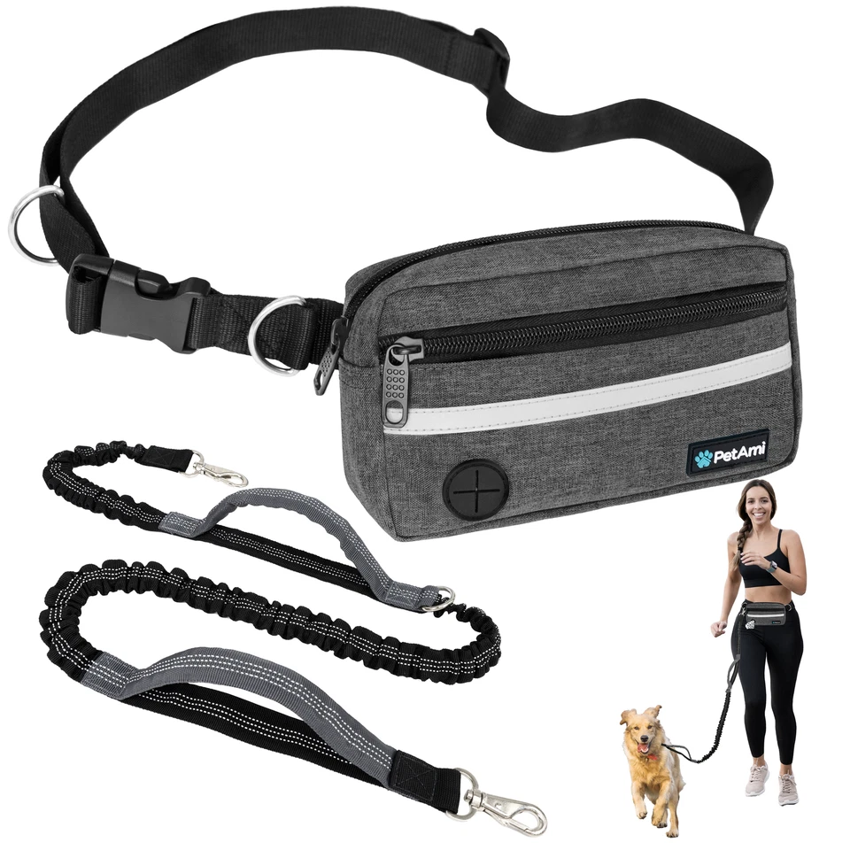 PETAMI Dog Leash Belt Hands Free Running Jogging Walking Waist Pouch with Bungee Leash