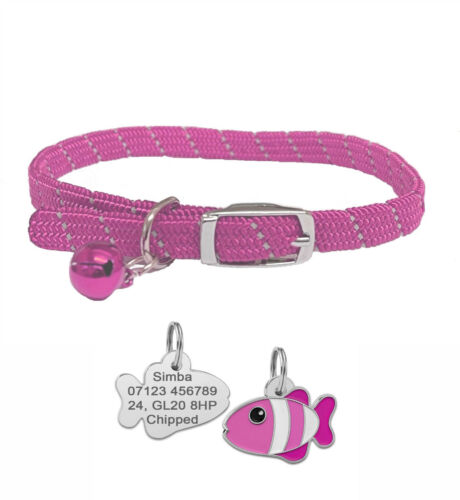 Reflective Softweave Safety Cat Collar, Bell & Personalised Engraved Fish Tag ID - Picture 3 of 13