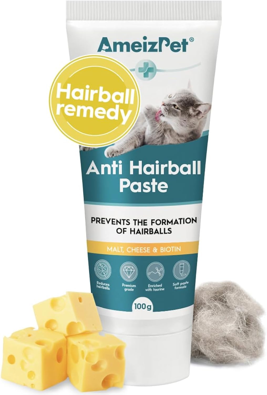 Ameizpet Hairball Remedy for Cats, Anti-Hairball Malt Paste with Taurine &