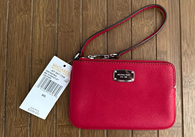 Michael Kors Jet Set Item Medium Zip Top Wristlet Red Silver Hardware