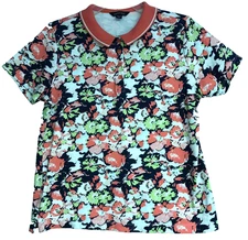 Lands' End Shirt Women's Medium Petite 10 12 Floral Shor Sleeve Polo Collar