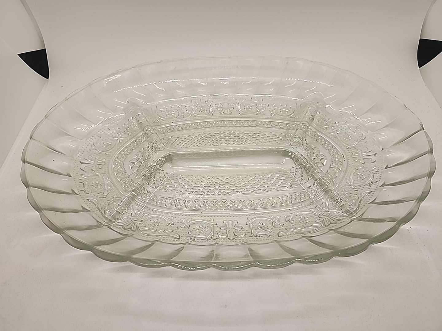 Raised Clear Glass Candy Nut Dish with Scalloped Edge and Low Partition