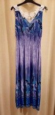 Purple + Blue paisley print maxi dress, petite length, with lace back, stretchy,