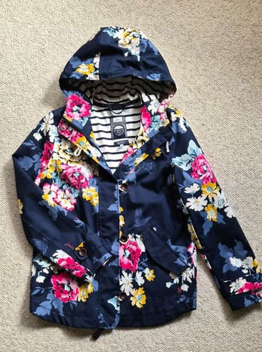 New Joules Right as Rain Coast Hooded Waterproof Women Jacket Navy Floral Size 8