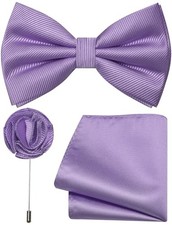 Solid Color Bow Tie Set Silk Woven Pre-tied Bowtie and Pocket Square Lavender