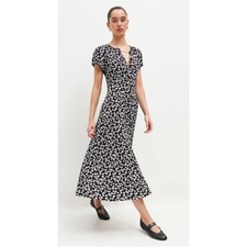 Reformation Midi Dress Raelynn Black Floral Button Front Short Sleeve size 0