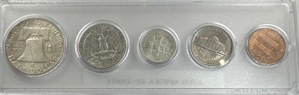 1962-D Mint 5-Coin Year Set – XF/AU – Toned 25¢, 5¢ & 50¢ – 90% Silver – Whitman - Image 4 of 4