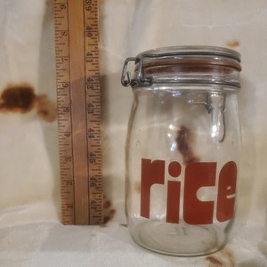 Midcentury Glass  Jar RICE Red Letter Clamp Kitchen Pantry Canister 60z 70s 80s