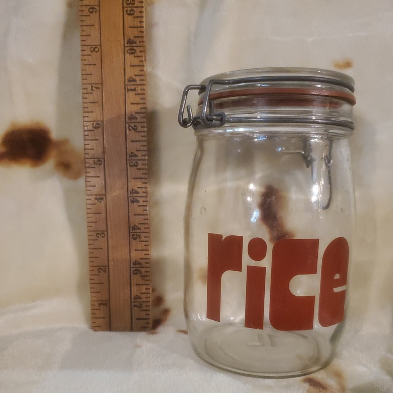 Midcentury Glass  Jar RICE Red Letter Clamp Kitchen Pantry Canister 60z 70s 80s