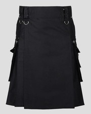 Men's Black Utility Kilt Modern Goth Punk Cargo Pockets D-Rings