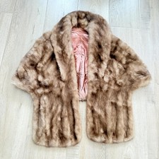 Vintage Luxury Brown Mink Fur Wrap Shrug Stole Cape Pocket Satin Lining Jacket
