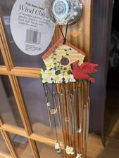 Cardinal Memorial Wind Chimes poly resin Red Bird Outdoor Wind Chime w/flowers